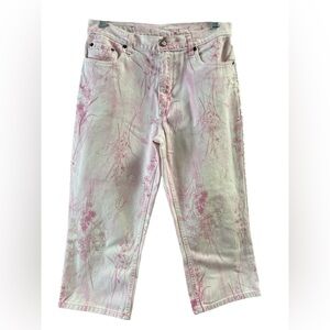 Vintage pink denim floral butterfly cotton crop pants